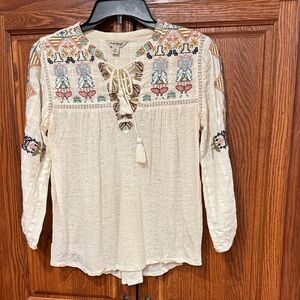 Lucky Brand Cream Embroidered Blouse Boho style- like NEW!